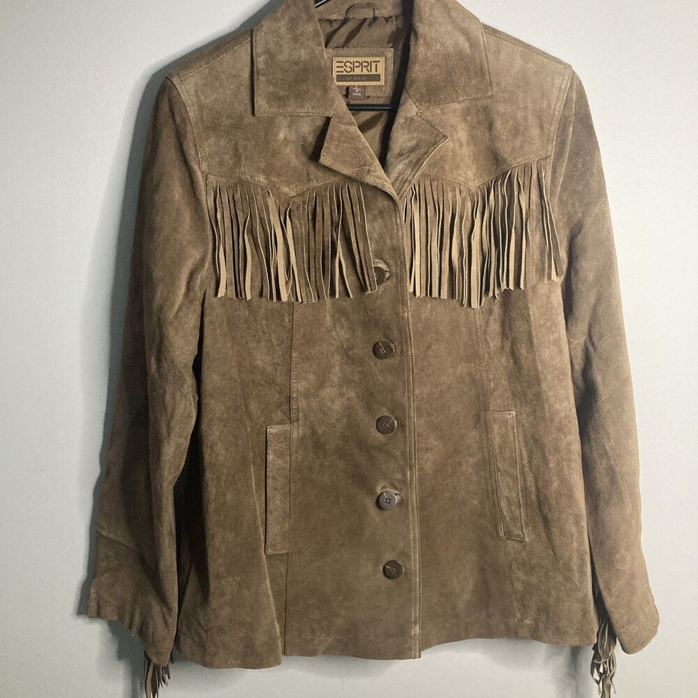 Vintage Esprit Womens L Brown Genuine Suede Leather Fringe Western Jacket Coat